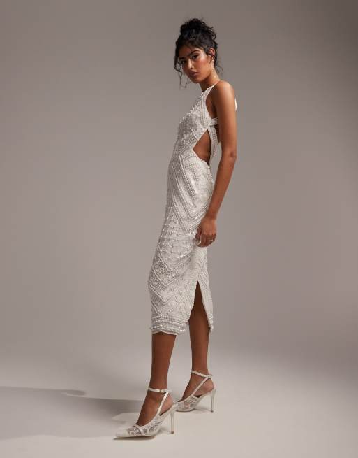 ASOS DESIGN - Robe mi-longue coupe dos nu ornée de perles et de sequins - Ivoire, 3 de 6