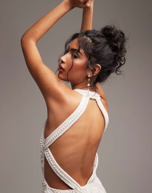 ASOS DESIGN - Robe mi-longue coupe dos nu ornée de perles et de sequins - Ivoire, 4 de 6