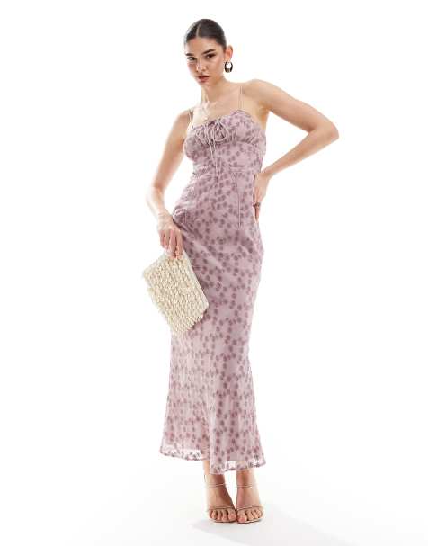 ASOS DESIGN - Robe mi-longue coupée en biais en mousseline avec broderies et encolure bardot - Rose - view 1