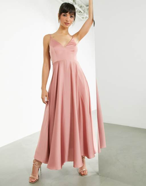 ASOS DESIGN Robe mi longue de demoiselle d honneur en satin avec lien noue au dos Rose sombre