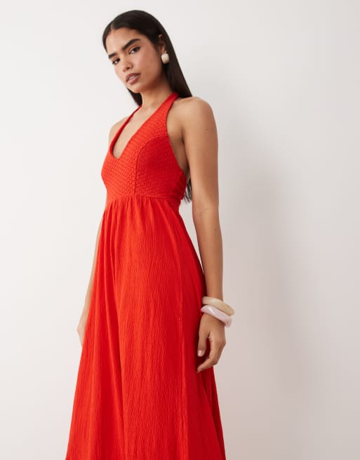 ASOS DESIGN - Robe mi-longue dos nu au crochet à volants étagés - Rouge