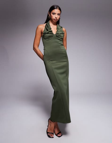 ASOS DESIGN - Robe mi-longue dos nu avec buste froissé en tissu imitation néoprène - Vert - view 1