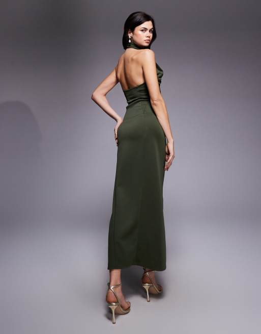 ASOS DESIGN - Robe mi-longue dos nu avec buste froissé en tissu imitation néoprène - Vert, 2 de 4