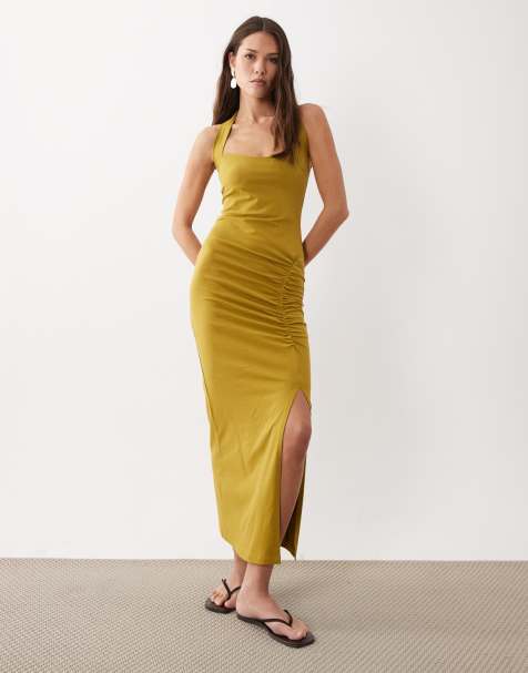 ASOS DESIGN - Robe mi-longue dos nu avec fronces à l'avant - Olive - view 1