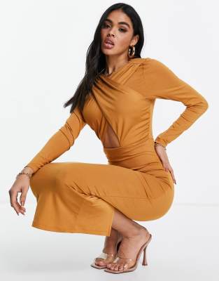ASOS DESIGN - Robe mi-longue dos nu crois?�e sur le devant ?� manches longues - Fauve | ASOS