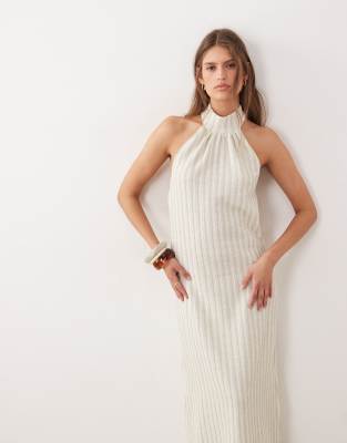 Robe mi-longue dos nu en maille texturée à rayures - Crème et vert clair-Blanc L