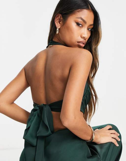 ASOS DESIGN Robe mi longue dos nu en satin d collet plongeant avec d coupes la taille Vert fonc