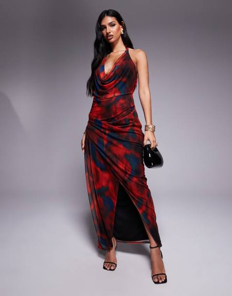 ASOS DESIGN - Robe mi-longue dos nu en tulle à imprimé abstrait et décolleté plongeant avec jupe portefeuille - Rouge et bleu - view 1