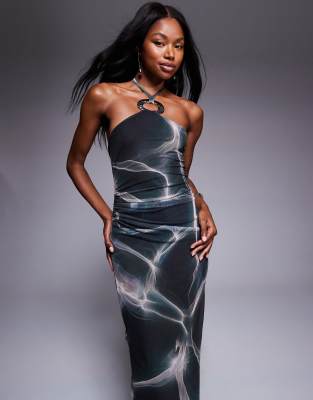 Robe mi-longue dos nu en tulle à imprimé marbré foncé et détail métallique argenté-Multicolore 38