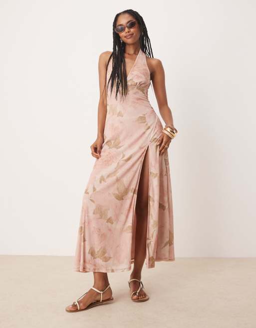 ASOS DESIGN - Robe mi-longue dos nu et fendue sur le devant - Rose imprimé fleurs vintage