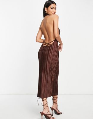Femme Robe mi-longue dos nu plissée - Chocolat