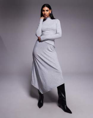 Robe mi-longue double épaisseur à manches longues et ourlet mouchoir - Gris chiné XS