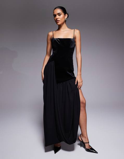 ASOS DESIGN - Robe mi-longue double matière en velours collé avec jupe drapée douce - Noir - view 1