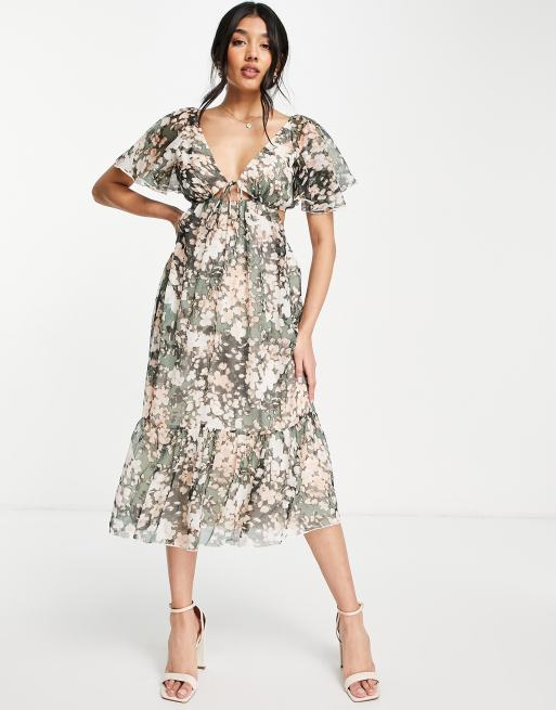 ASOS DESIGN - Robe mi-longue douce nouée devant à volants étagés et imprimé fleuri flouté, 3 de 4