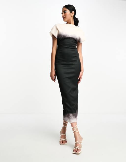 ASOS DESIGN - Robe mi-longue drapée à col montant et effet ombré - Noir et blanc
