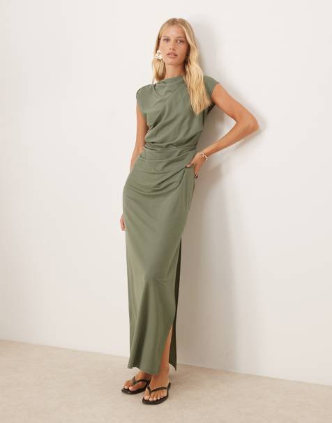 ASOS DESIGN - Robe mi-longue drapée aspect lin torsadée sur les épaules - Kaki - view 1