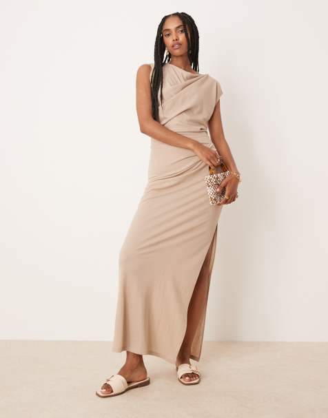 ASOS DESIGN - Robe mi-longue drapée aspect lin torsadée sur les épaules - Taupe - view 1