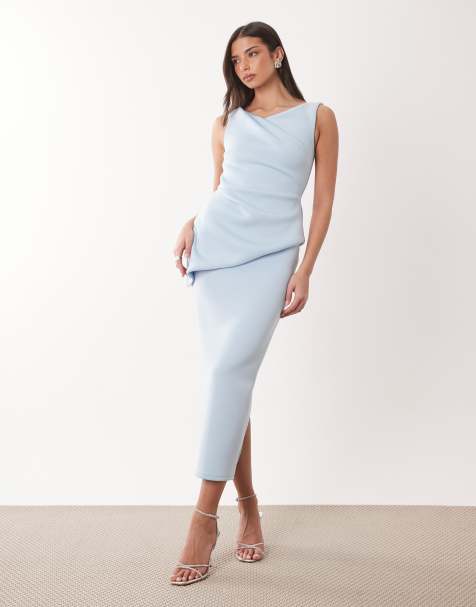ASOS DESIGN - Robe mi-longue drapée asymétrique en imitation néoprène - Bleu clair - view 1