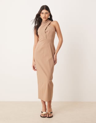 Robe mi-longue droite à encolure croisée - Taupe-Marron 32