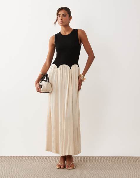 ASOS DESIGN - Robe mi-longue effet color block en tissu froissé - Noir et crème - view 1