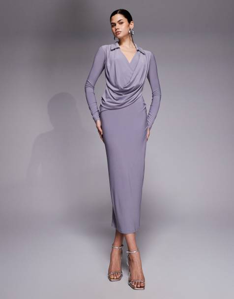 ASOS DESIGN - Robe mi-longue effet drapé à manches longues - Lilas - view 1