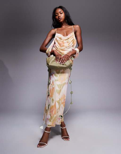 ASOS DESIGN - Robe mi-longue effet drapé en tulle avec encolure bardot superposée et détails fleurs - Imprimé fleurs, 2 de 4