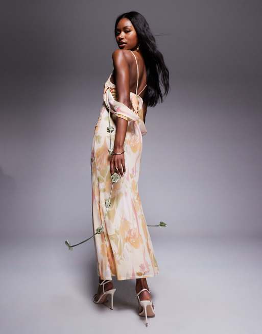 ASOS DESIGN - Robe mi-longue effet drapé en tulle avec encolure bardot superposée et détails fleurs - Imprimé fleurs, 4 de 4