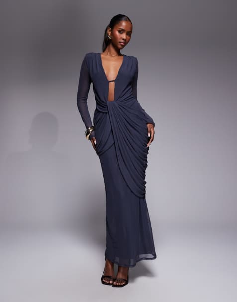 ASOS DESIGN - Robe mi-longue effet drapé en tulle avec manches longues et décolleté plongeant - Gris - view 1