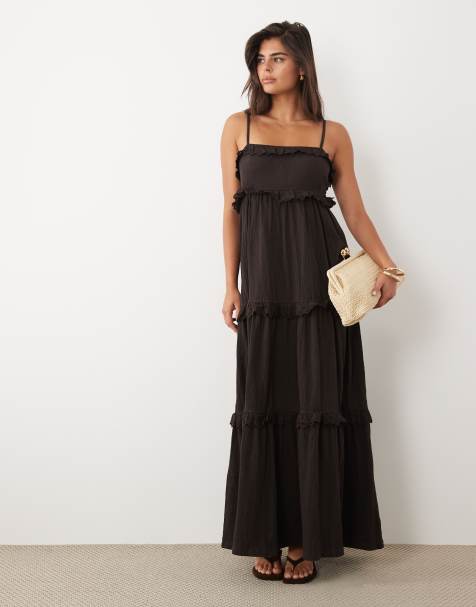 ASOS DESIGN - Robe mi-longue effet froissé à bretelles fines et volants étagés avec bordures dentelle - Chocolat - view 1