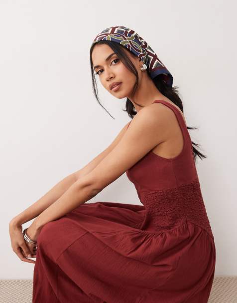 ASOS DESIGN - Robe mi-longue effet froissé avec empiècements et encolure carrée - Marron rouille - view 1