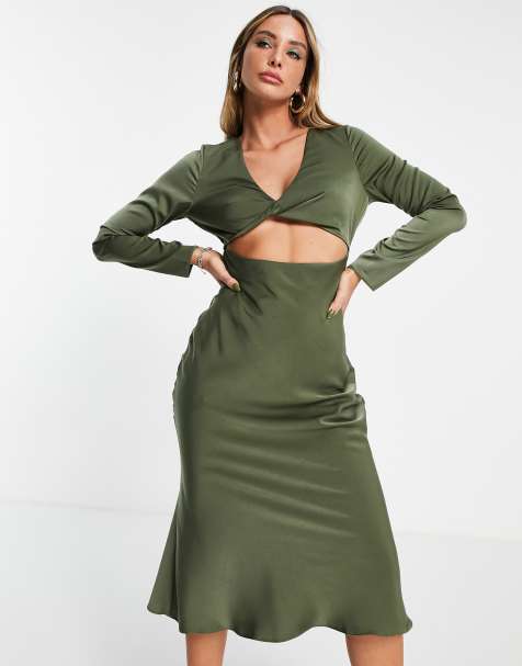 ASOS DESIGN - Robe mi-longue effet satin torsadée sur le devant coupe en biais - Kaki - view 1