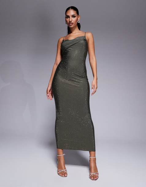 ASOS DESIGN - Robe mi-longue effet sculptant en jersey avec clous et épaule rabattue - Gris - view 1