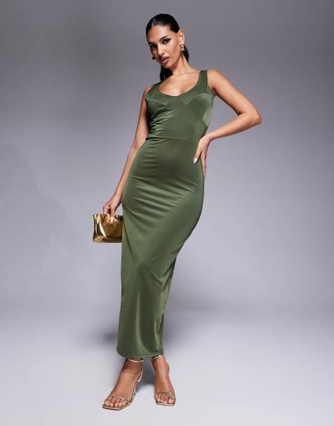 ASOS DESIGN - Robe mi-longue effet sculptant en jersey avec encolure dégagée et corsage travaillé - Kaki - view 1