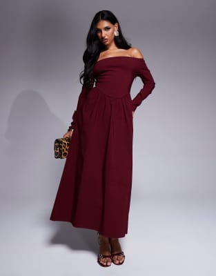 ASOS DESIGN - Robe mi-longue en bengaline à manches longues et encolure bardot - Bordeaux | ASOS