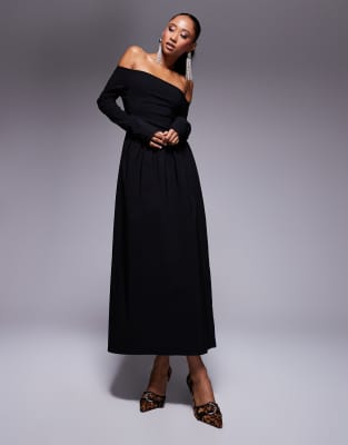 ASOS DESIGN - Robe mi-longue en bengaline à manches longues et encolure Bardot - Noir - view 1