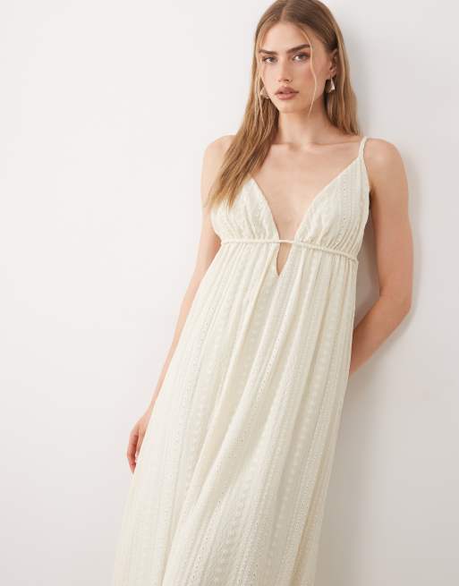 ASOS DESIGN - Robe mi-longue en broderie anglaise à col V - Naturel, 4 de 4