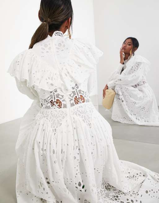 ASOS DESIGN - Robe mi-longue en broderie anglaise volantée - Blanc, 2 de 4