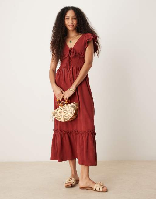 ASOS DESIGN - Robe mi-longue en crépon volantée à col V - Rouille, 2 de 4