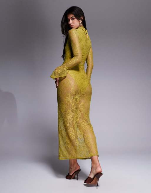 ASOS DESIGN - Robe mi-longue en dentelle avec col montant et poignets évasés asymétriques - Chartreuse, 4 de 4
