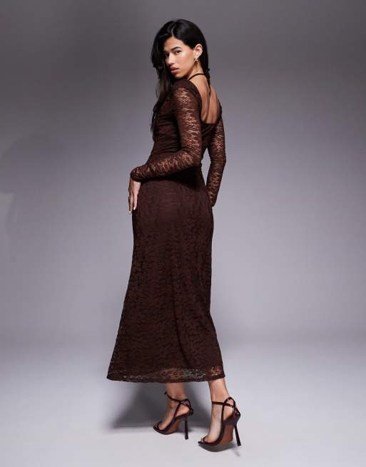 ASOS DESIGN - Robe mi-longue en dentelle avec manches longues et détail noué - Chocolat, 2 de 4
