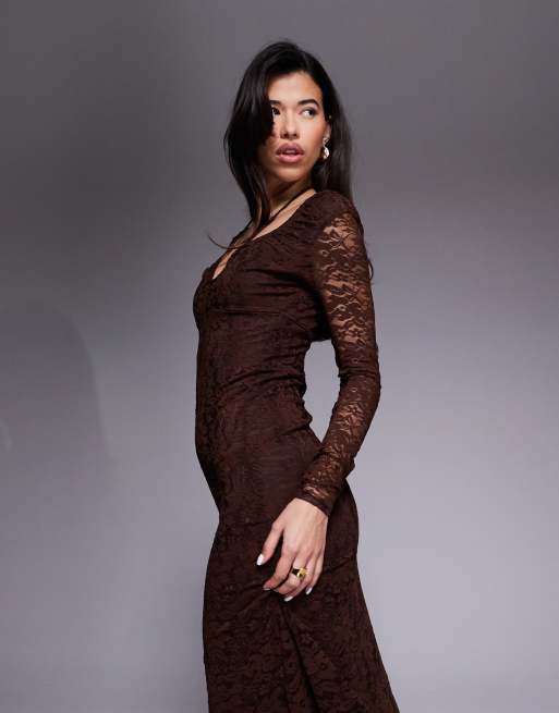 ASOS DESIGN - Robe mi-longue en dentelle avec manches longues et détail noué - Chocolat, 4 de 4