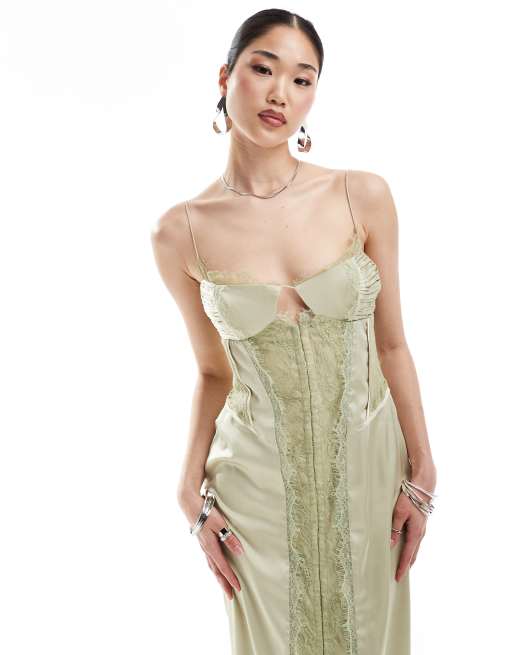 ASOS DESIGN - Robe mi-longue en dentelle et satin effet patchwork avec agrafes - Vert sauge