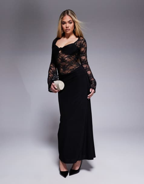 ASOS DESIGN - Robe mi-longue en dentelle mélangée à manches longues et jupe douce drapée - Noir - view 1