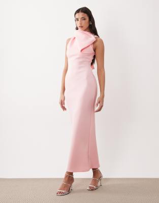 Robe mi-longue en imitation néoprène à col montant et naud tombant - Rose pâle 36