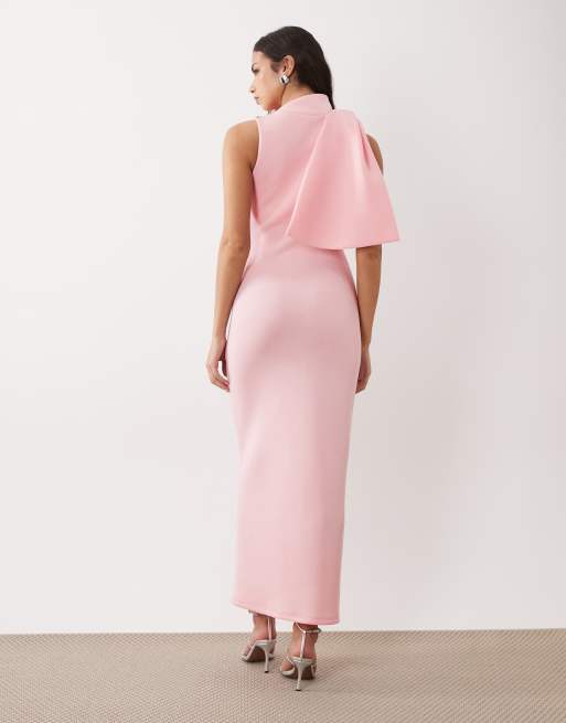 ASOS DESIGN - Robe mi-longue en imitation néoprène à col montant et nœud tombant - Rose pâle, 4 de 4