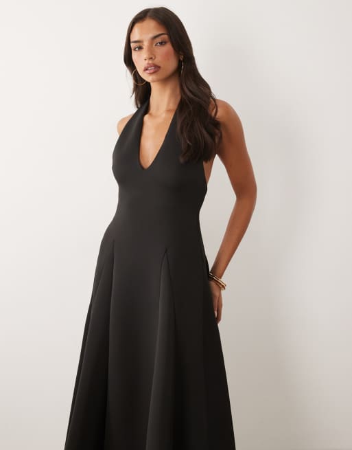 ASOS DESIGN - Robe mi-longue en imitation néoprène à décolleté plongeant et jupe ample structurée - Noir, 3 de 4