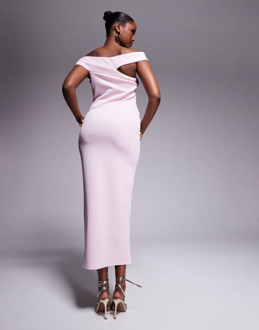 ASOS DESIGN - Robe mi-longue en imitation néoprène à découpe et encolure Bardot - Rose pastel, 3 de 4