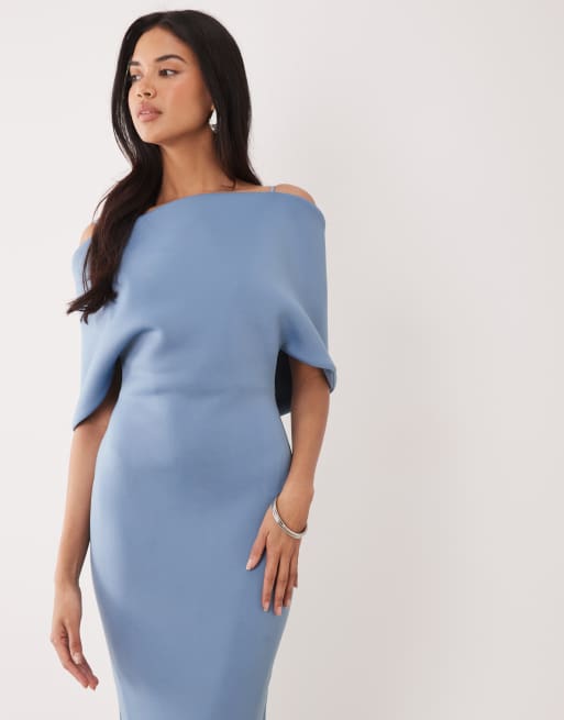 ASOS DESIGN - Robe mi-longue en imitation néoprène à encolure Bardot prononcée et cape dans le dos - Bleu ardoise, 3 de 4
