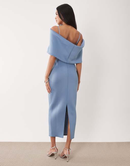 ASOS DESIGN - Robe mi-longue en imitation néoprène à encolure Bardot prononcée et cape dans le dos - Bleu ardoise, 4 de 4
