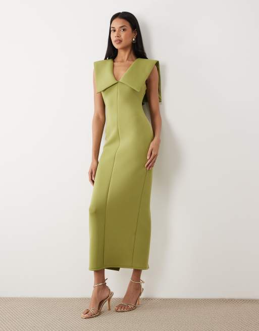 ASOS DESIGN - Robe mi-longue en imitation néoprène avec col V et détail cape - Olive, 4 de 4
